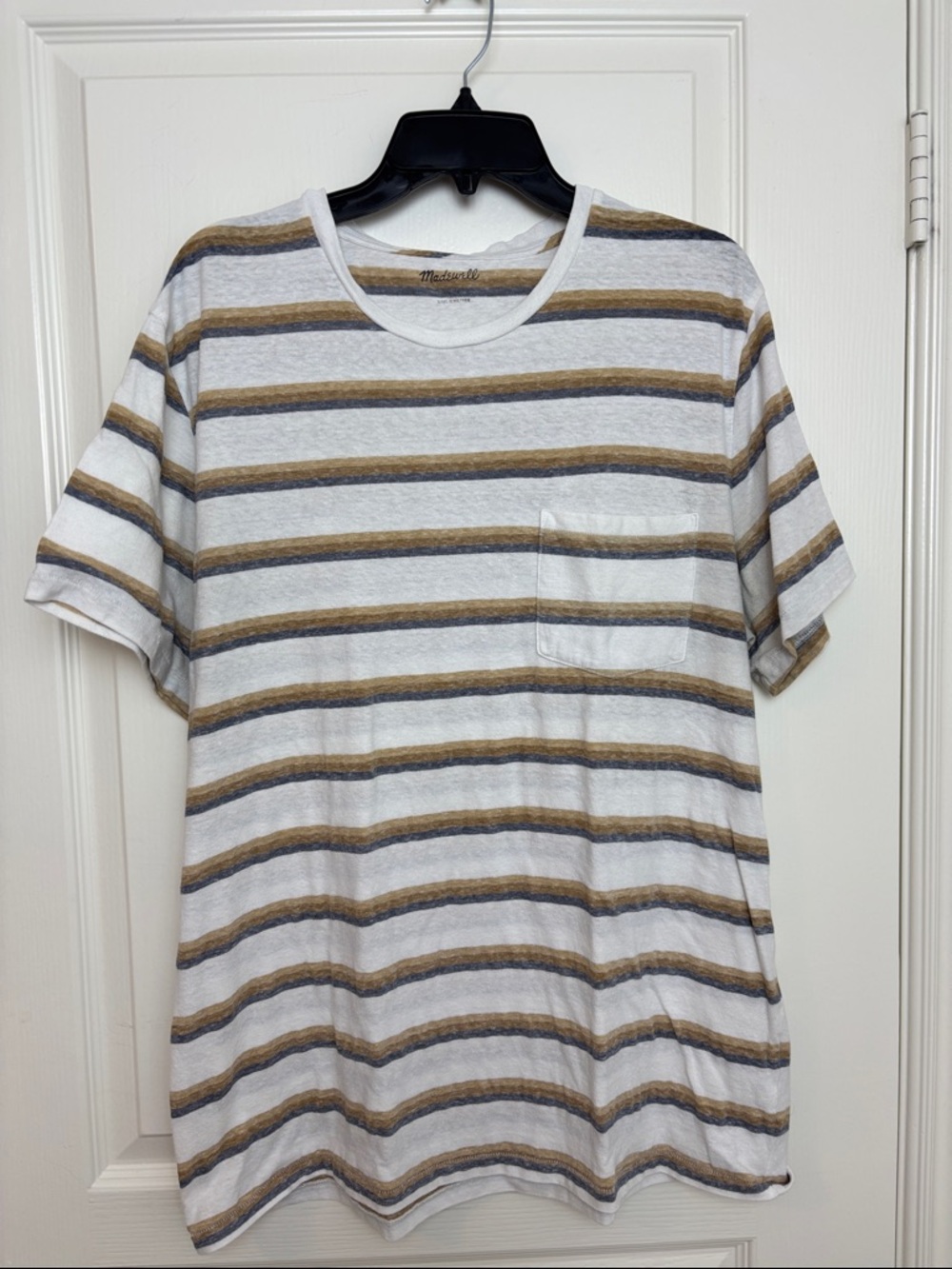 Madewell Mens Striped Pocket T-Shirt White Gray Brown Slub Cotton Size XL